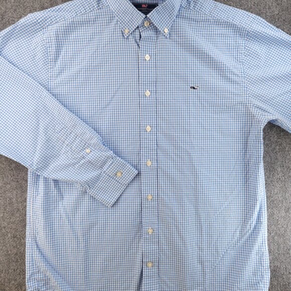 Vineyard Vines Check Whale Button-Down Large Cotton Blue Casual Long Sleeve Men - Picture 3 of 16